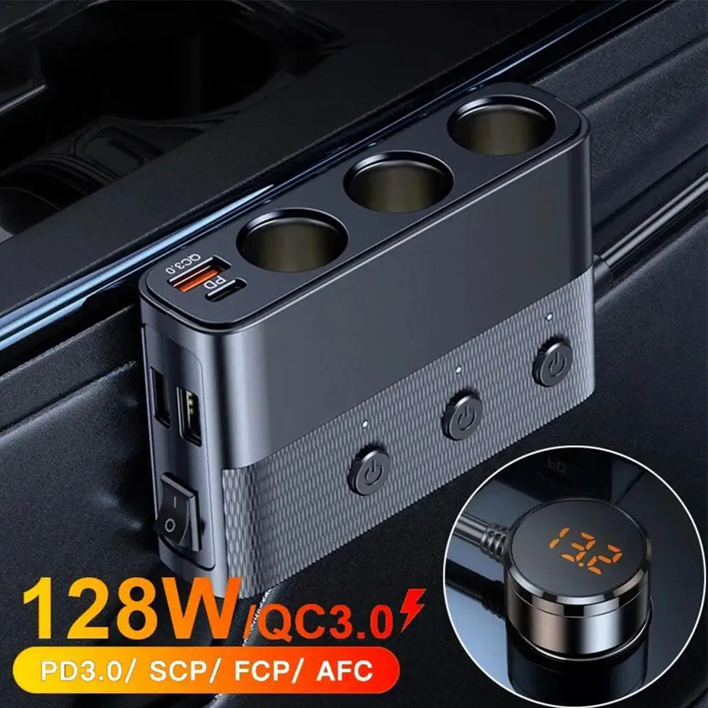 

128W QC3.0 Car Charger Cigarette Lighter Adapter PD30W Multi Ports Quick Charge USB Charging Socket With Switch