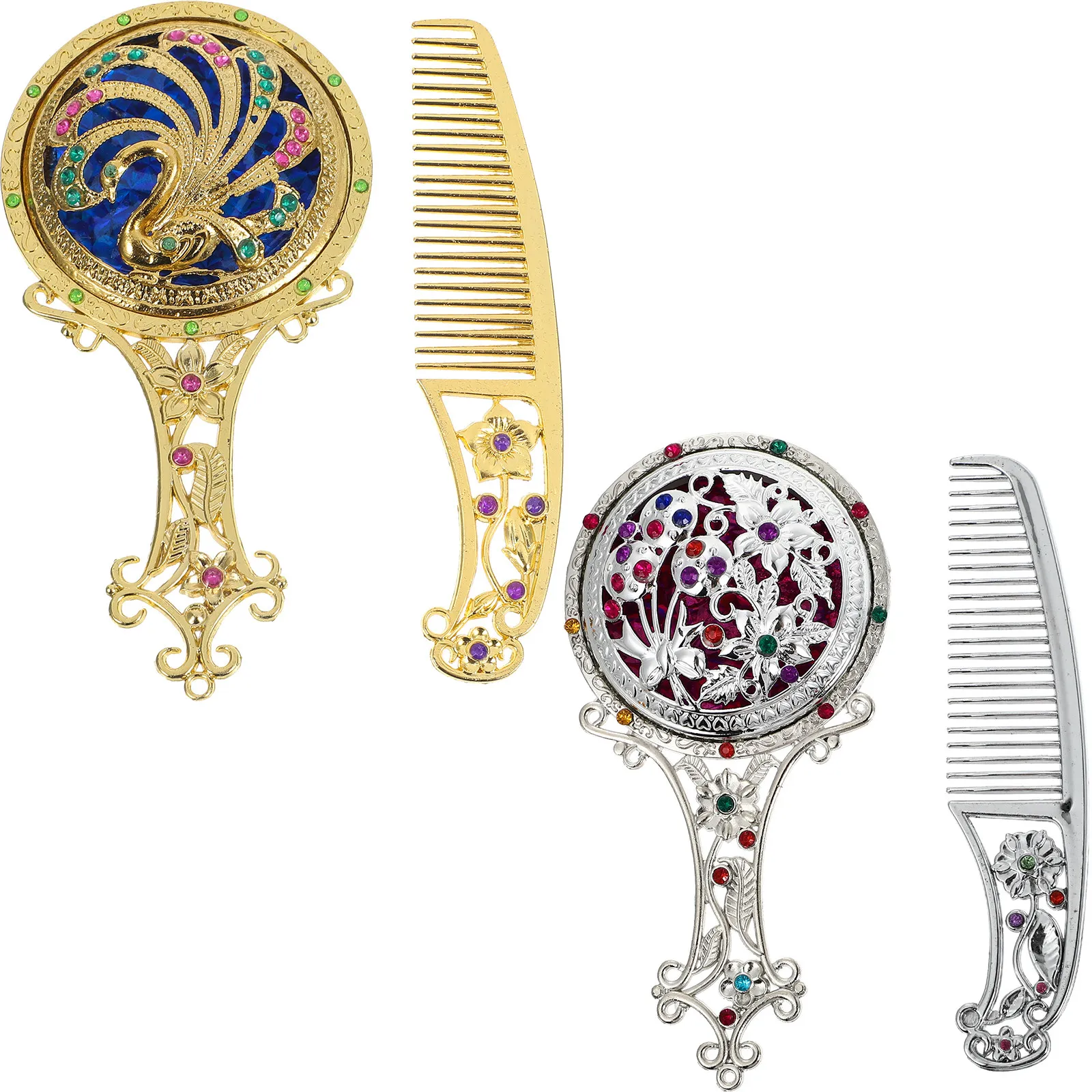 1세트 레트로 플로럴 헤어 빗 세트와 휴대용 접이식 빈티지 미니 화장 거울, 여행용/가정용/선물용 휴대용 화장 거울