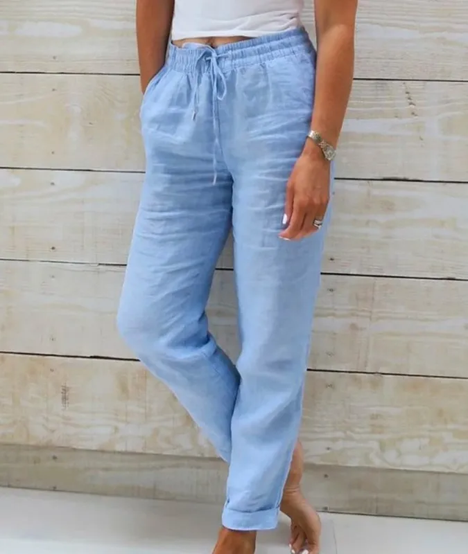 Cotton Linen Pants High Waist Elastic Trousers Streetwear