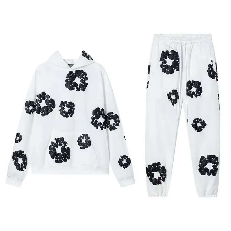 New Fashion Men's Women's Same Foam Printing High Street Loose Hooded Sweater with Casual Sweatpants Set 5