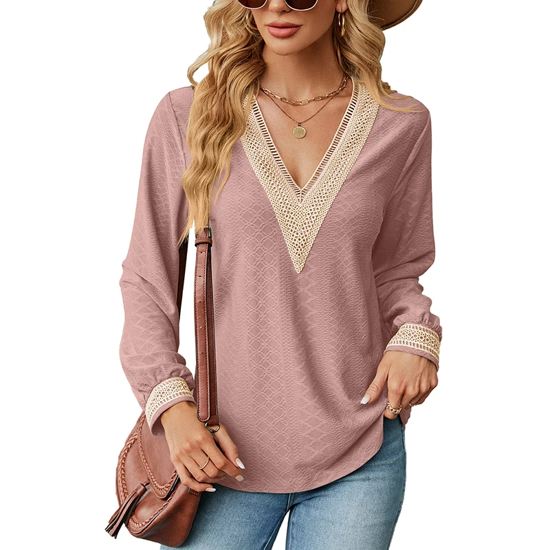 

WYWMY Spring Autumn Women's Blouses 2023 New Lace Patchwork Sexy V-Neck Loose Long Sleeve T-Shirt Tops Women's Clothing Elegant