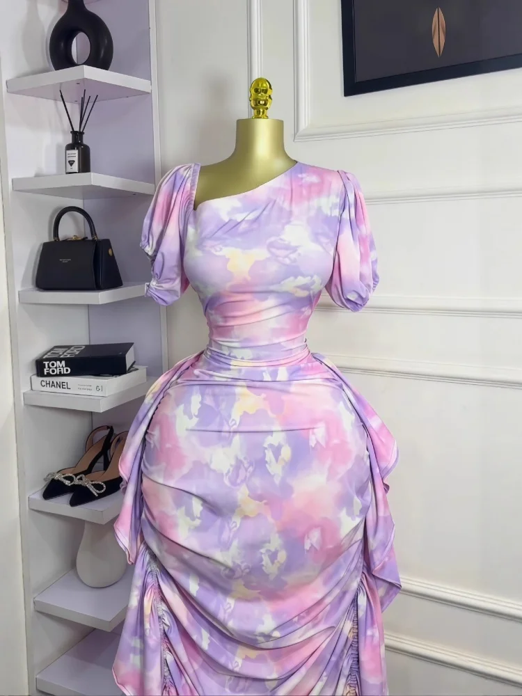 Wmstar Women Dresses Wholesale Puffed Sleeve Flower Print Slanted Collar, Printed Ruffled Tight and Elegant Dress New Dress