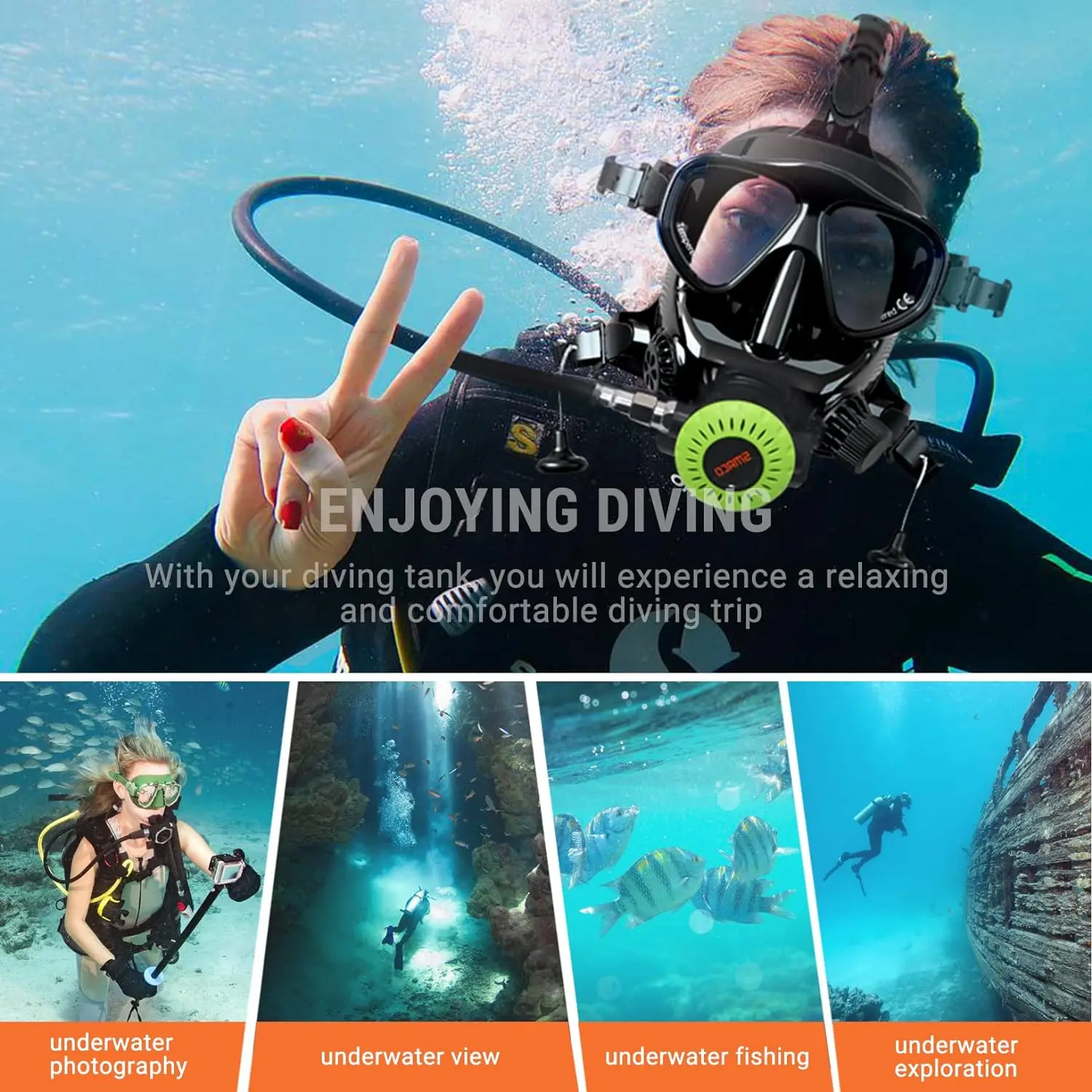 Full Face Dive Mask Support Diving Snorkeling, Full Face Snorkel Mask Adjustable Scuba with Camera Mount Provide 180&deg; View