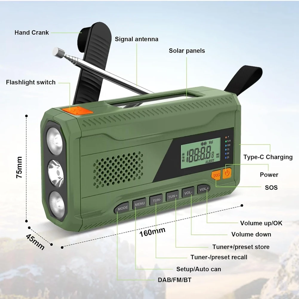T80C 미니 핸드 크랭크 블루투스 라디오 DAB+/DAB/FM 라디오 4500 MAh LED 손전등, SOS 알람 기능이 있는 태양광 발전 비상 라디오