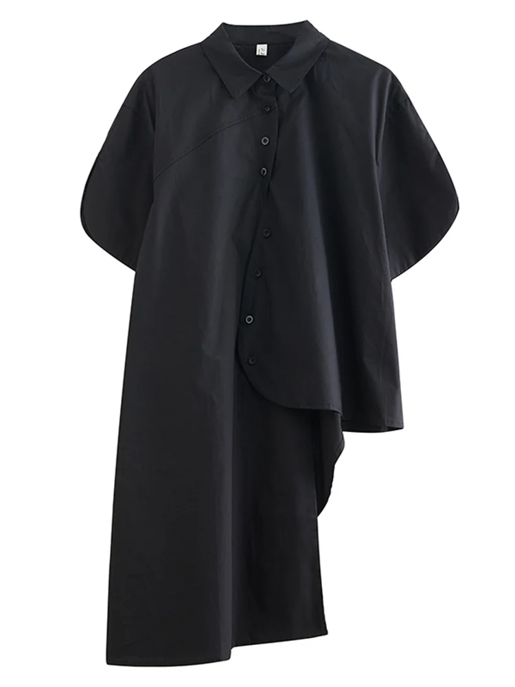 2025 Summer New Green Vintage Irregular Shirt Women Single Breasted Lapel Short Sleeve Loose Casual Blouse Top Fashion Clothing