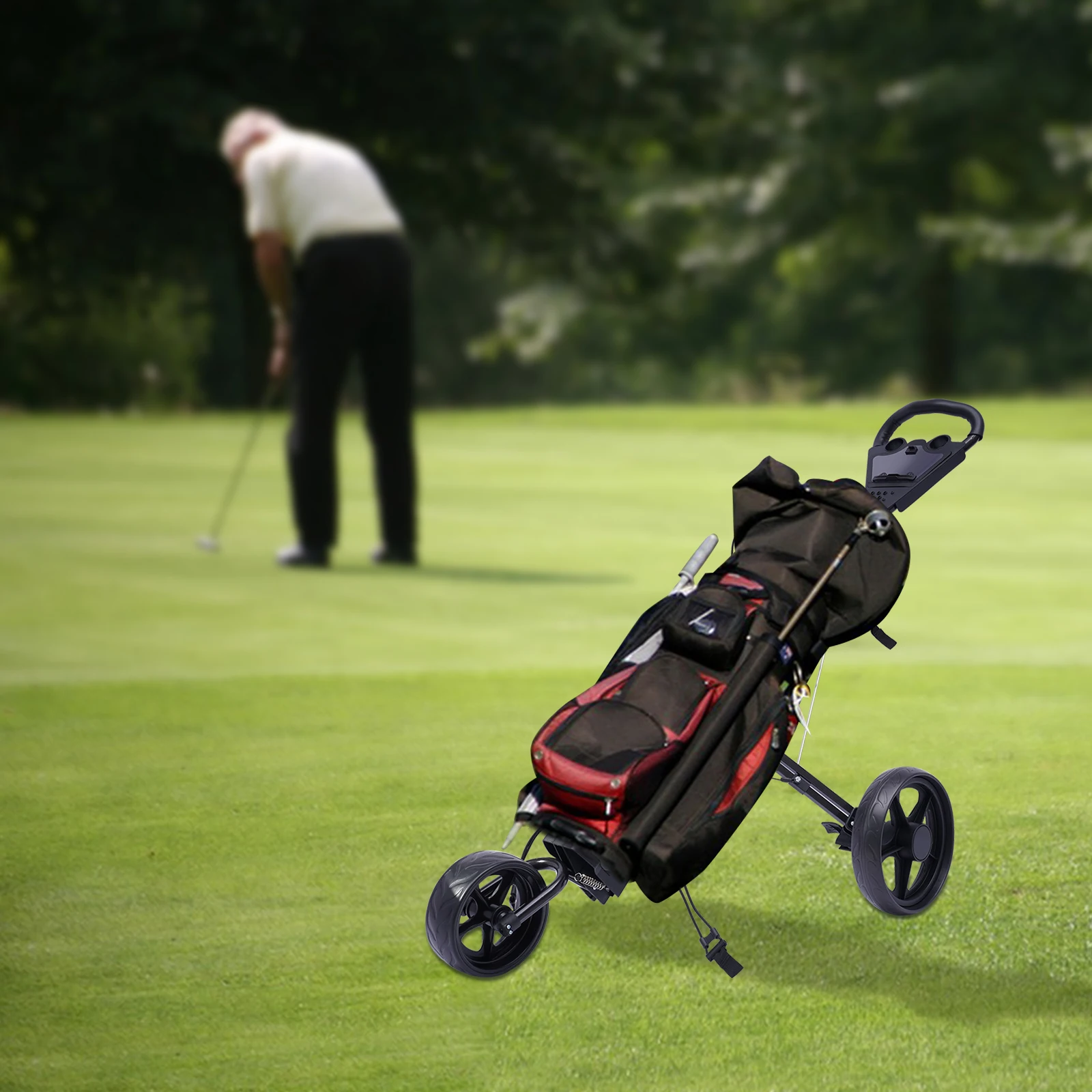 Foldable Golf Push Cart 3 Wheel Golf Walking Push Roller Trolley Bag with Scorecard Drink Holder Adjustable Straps