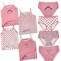 2025 Girls Cotton Tank Tops Underwear Young Teens Lingerie Kids Cartoon Vest Shorts Loungewear Set Children Undershirts 4pcs/lot 1