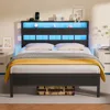 Bed Frame with LED Light and Charging Station, Wood Storage Headboard with 2-Tier Shelves, Metal Platform Bed 1