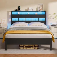 Bed Frame with LED Light and Charging Station, Wood Storage Headboard with 2-Tier Shelves, Metal Platform Bed 1