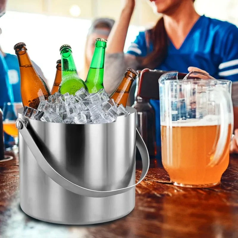 2.0L/3.0L Ice Bucket with Lid Strainer Tong Double Walled Stainless Steel Insulated Ice Bucket Container Cooler Good Sealing