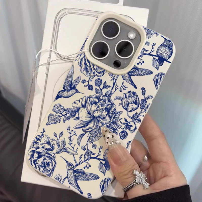 Elegant Blue Retro Floral Bird Pattern Phone Case - Soft Protective Cover
