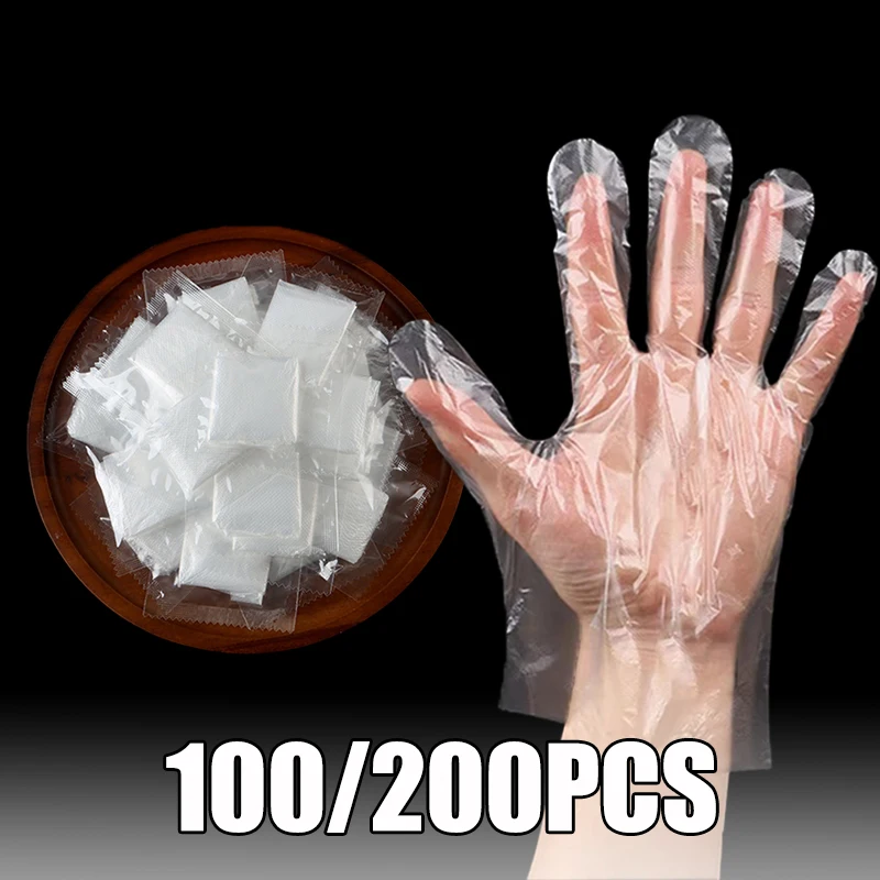 100/200PCS Disposable Plastic Gloves Multifunctional Individually Packaged PE Gloves Kitchen Restaurant Cooking Cleaning Tools