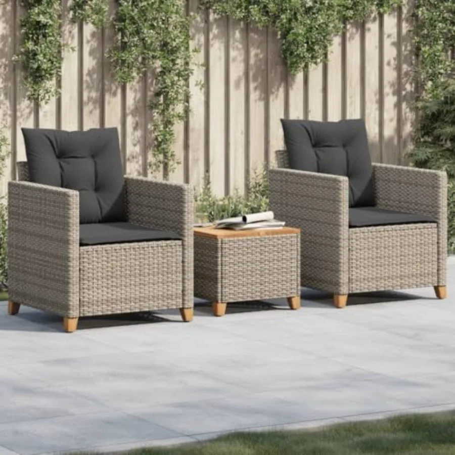 Grey 3-Piece Poly Rattan Outdoor Bistro Set with Cushions for Balcony Porch Deck Compact Square Patio Table and Chairs Durable