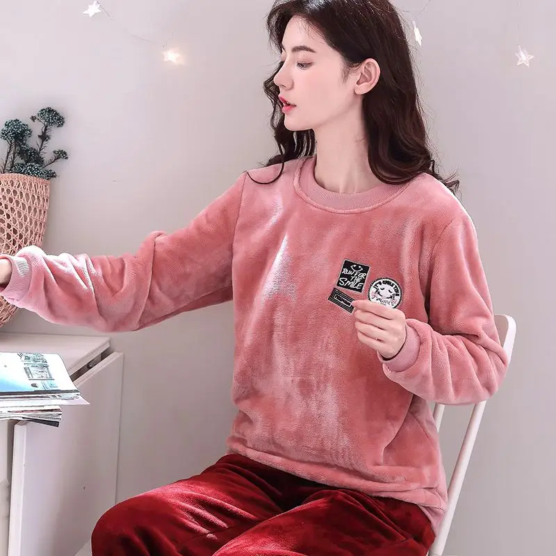 Coral Fleece Sleepwear Women Winter Warm Pajamas Sets Kawaii Clothes Long Sleeve Pullover Pant Loungewear Loose Nightwear Korean