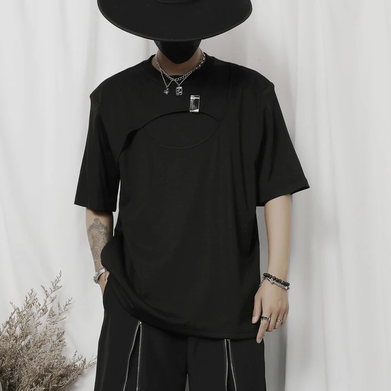 

Футболка мужская с коротким рукавом, модная нишевая дизайнерская плечевая накладка, с металлическими пуговицами, свободная рубашка с коротким рукавом, лето