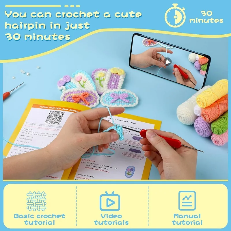 Fruit Crochet Kit Beginners Hairpins Starter Kit Easy-to-Learn Hair Clips with Step-by-Step Video DIY Crochet Supplies crochet kit
