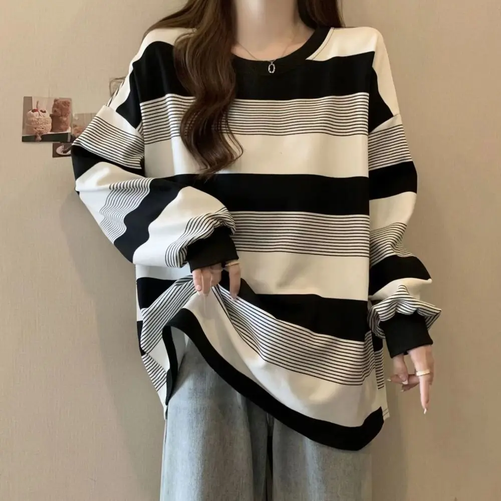 Simple Retro Long Sleeve T Shirt Loose Chic Sweatshirts for Women Stylish Plus Size Striped Blouse Autumn