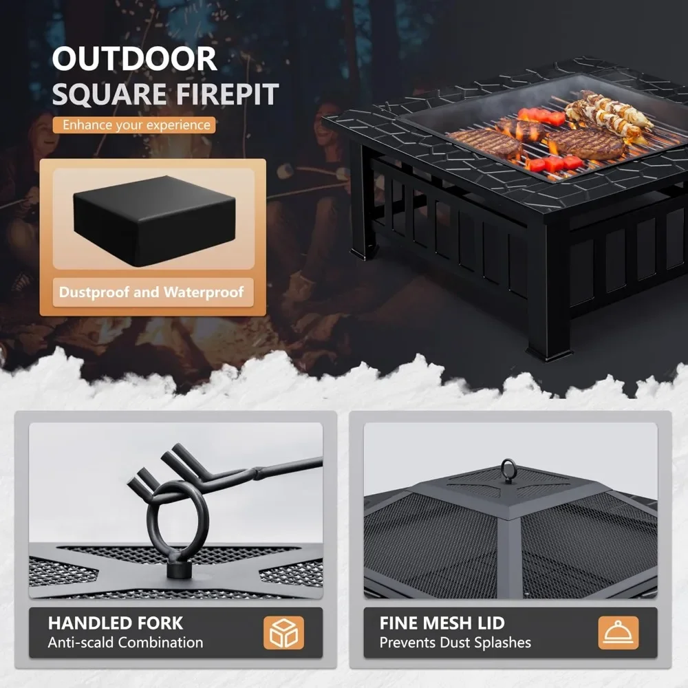Multifunctional Patio Fire Pit Table, 32in Square Metal BBQ Firepit Stove Backyard Garden Fireplace with Spark Screen Li