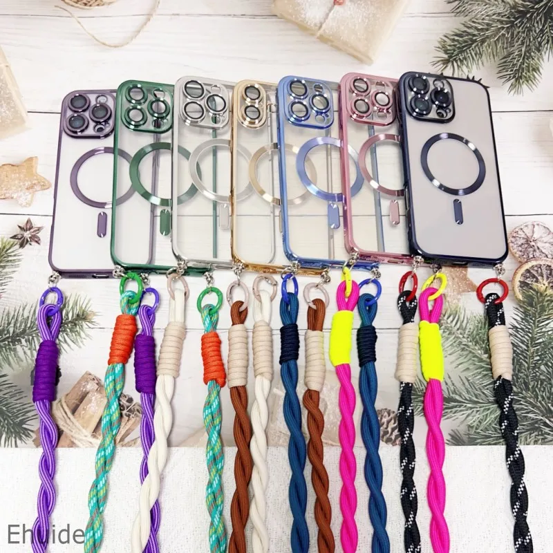 Magnetic Transparent Plating Case with Crossbody Lanyard Strap