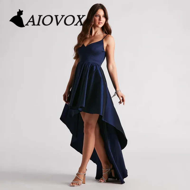 

AIOVOX V-neck Evening Gown Floor-length A-line Prom Dress Spaghetti Straps Satin Draped High-low Hem Vestidos De Noche for Women