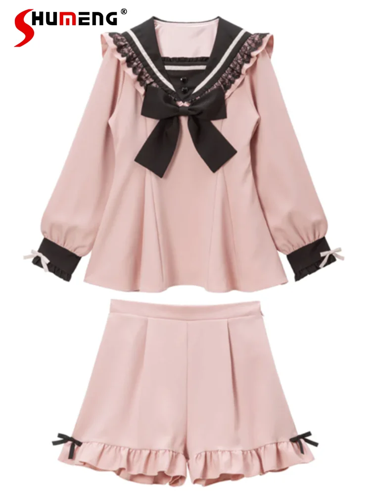 Japanese Style 2 Piece Sets Women's Outfits Cute Long Sleeve Ruffles Sailor Collar Slim Waist Bowknot Shirts and Shorts Student