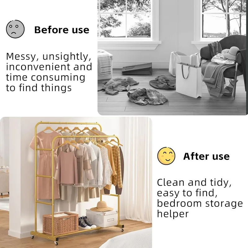 Double Rods Clothing Rack with Wheels, Garment Rack for Hanging Clothes, Multi-functional Bedroom Clothes Rack, Gold 6