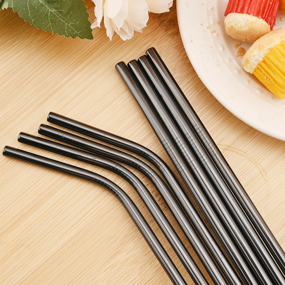 Elegant Black Reusable Stainless Steel Straw Set - 5 Piece Home Bar Accessory with Cleaning Brush and Carry Bag