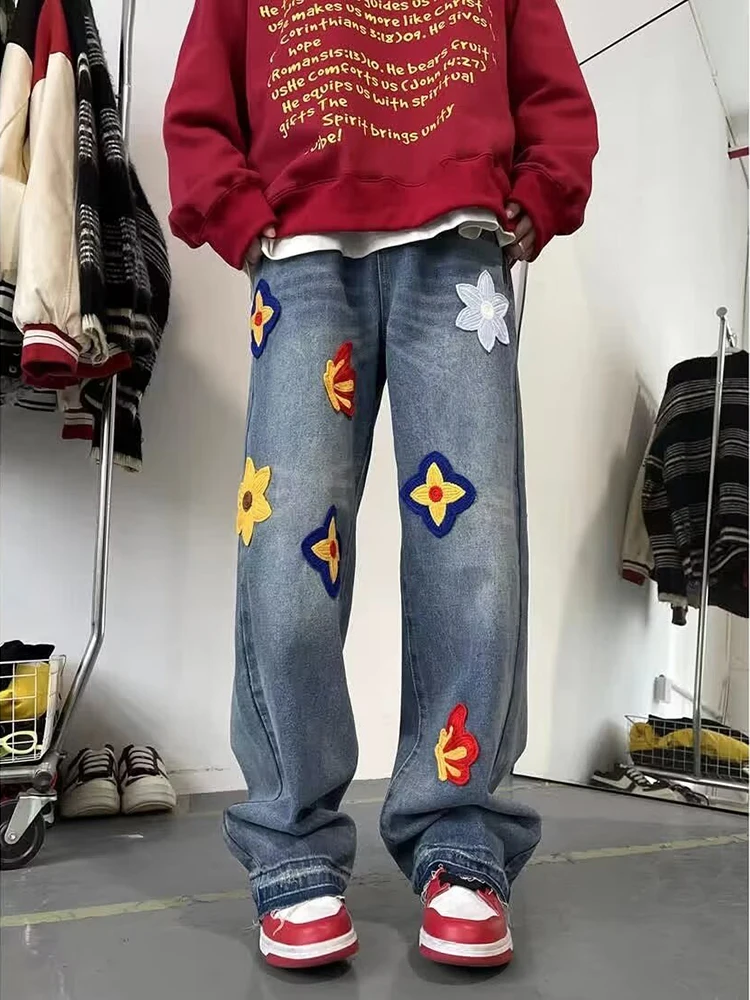 

2024 High Street Loose Design Petals Patch Retro Jeans, Men's Hip -hop Fashion Brand Loose Wide -leg Y2k Trousers