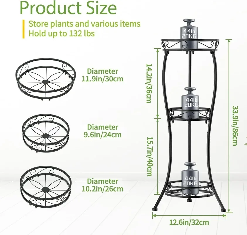 3 Tier Corner Plant Stand Indoor Outdoor, 34 Inch Tall Wrought Iron Plant Stands for Indoor Plants Multiple 3