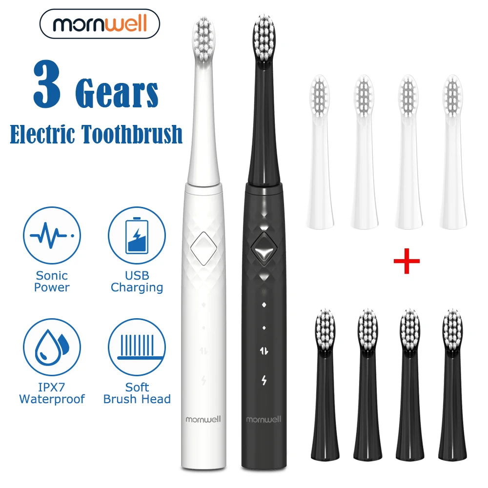 Mornwell Sonic Electric Toothbrush 360 Upgraded Base Waterproof With 4 Replacement Brush Heads