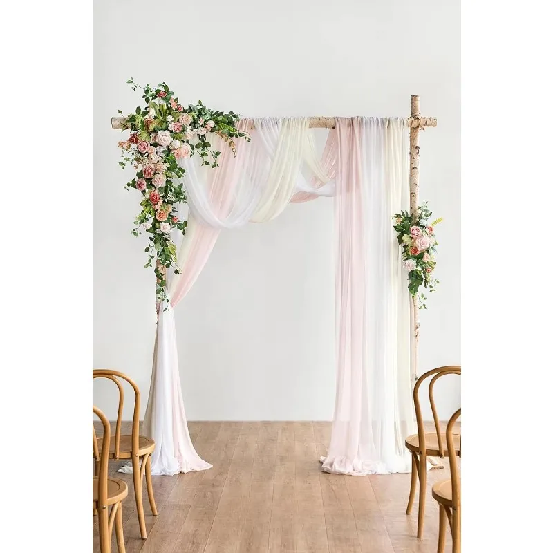 Deluxe Spring Pink Artificial Wedding Arch Flowers with Drapes Kit-Pack of 5, 2pcs Flower Arrangements 3pcs Hanging Sheer Drapes