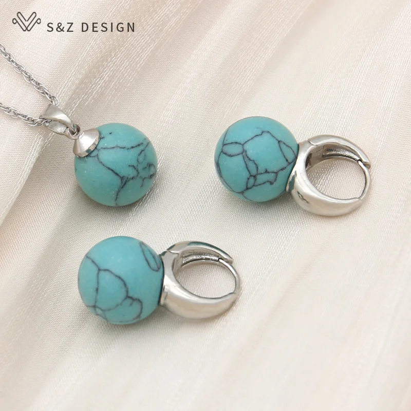 S&Z DESIGN New 585 Rose Gold Color Round Synthetic Turquoises Drop Earrings Jewelry Sets For Women Wedding Pendant Necklace