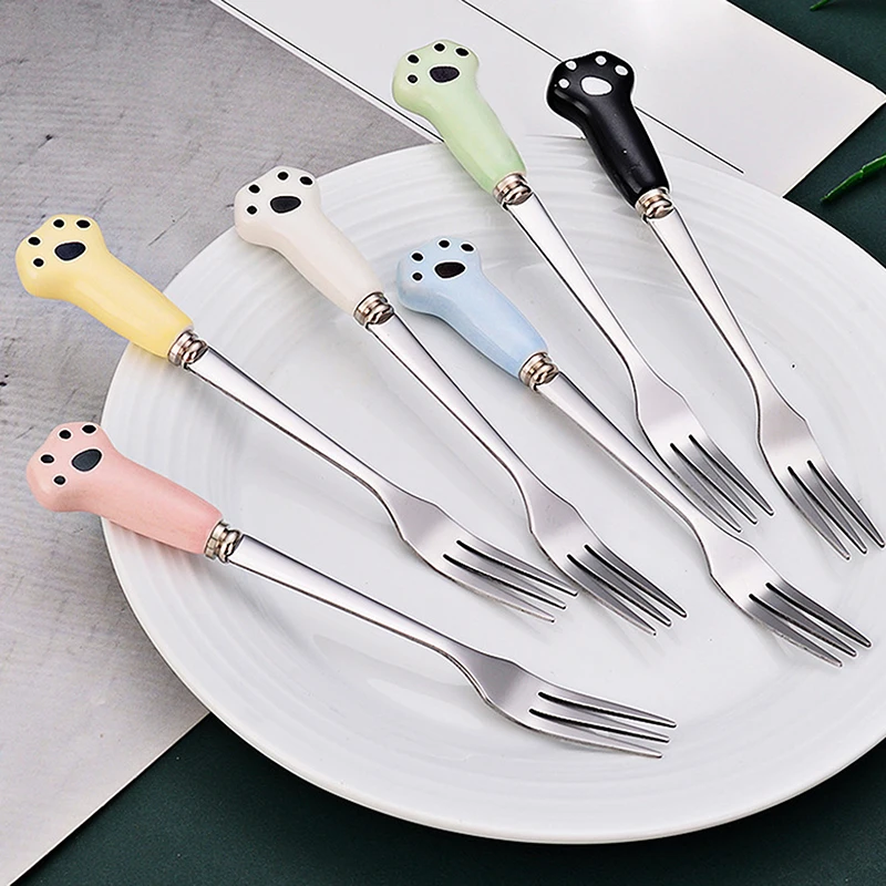 Cute Cartoon Cat Paw Fruit Fork Food Grade Stainless Steel Edges Mirror Polished Portable Tableware Fork For Adults Kids School For fruit fork portable cutlery