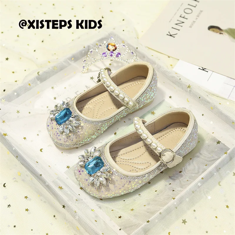 

Bling Children Girls Leather Flats With Luxury Rhinestone High Quality Soft Sole Kids Princess Party Dress Shoes Mary Janes