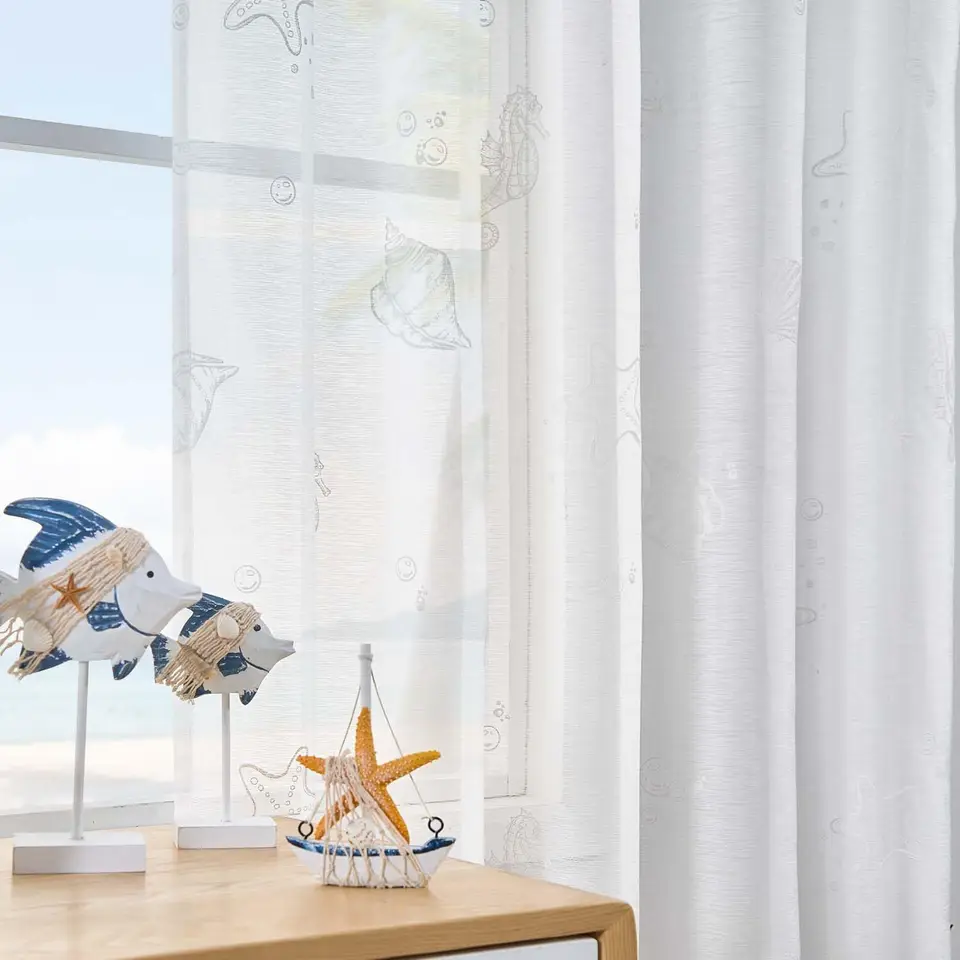 White Sheer Nautical Coastal Starfish Curtains