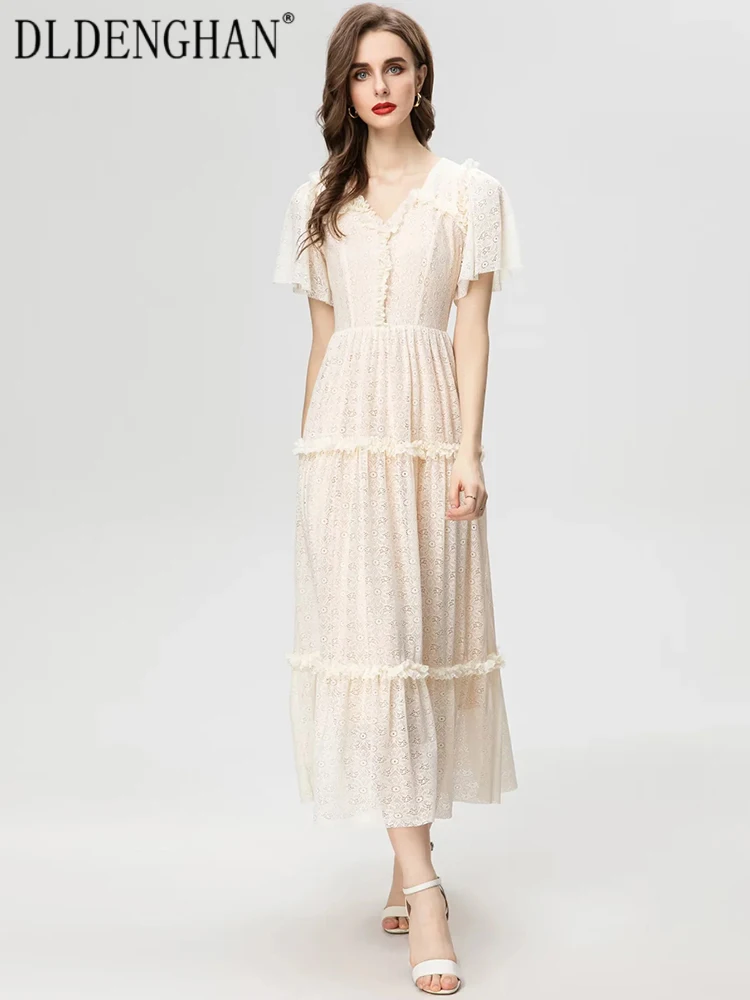 

Платье DLDENGHAN женское с V-образным вырезом, винтажное длинное дизайнерское платье с рукавами-бабочками, с оборками, с разрезами, весна-лето
