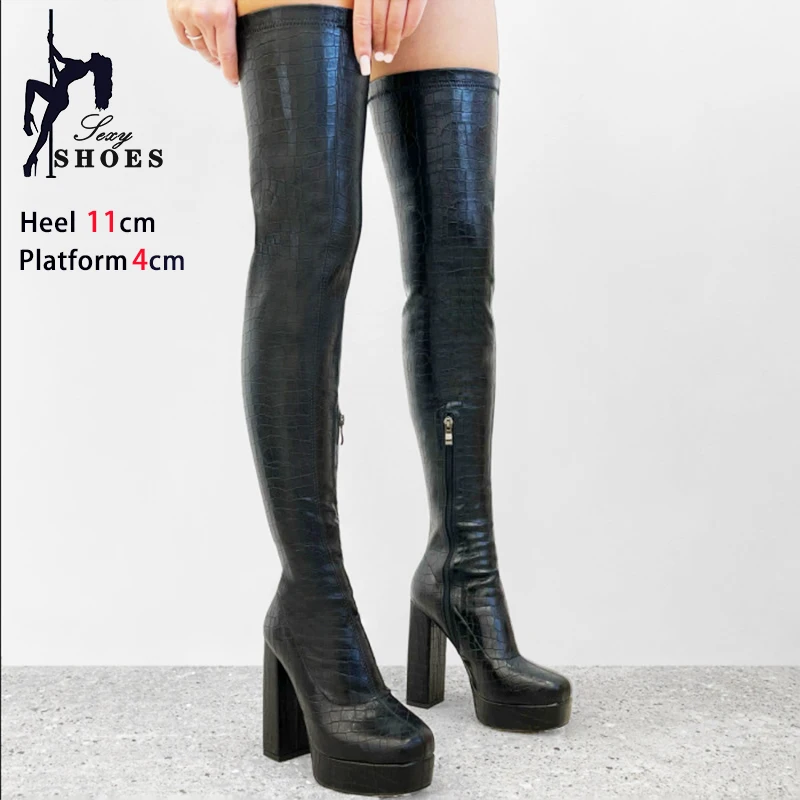 Elastic Thigh High Boots Platform Gothic style Chunk Heels Faux Suede Large Size Shoes Over-the-Knee Long Boots For Women 34-43