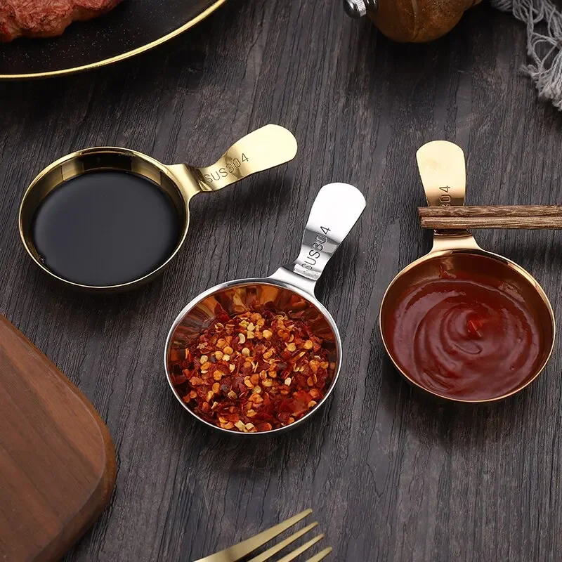 Sauce Plate 2pcs 304 Stainless Steel Korean Sauce Spoon Hangable Chopsticks Dipping Dish Seasoning Plate Barbecue Tableware