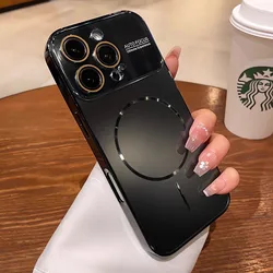 Titanium Magnetic Phone Case with Large Window Lens Protector - Matte PC Hard Cover - iPhone 14 (Black)