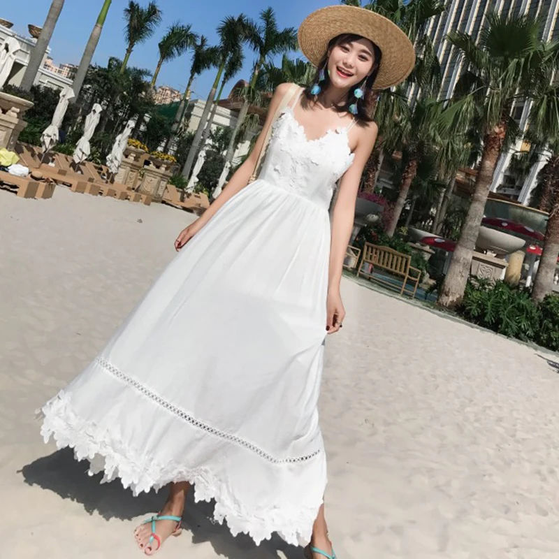 Summer Women High Waist White Sundress 