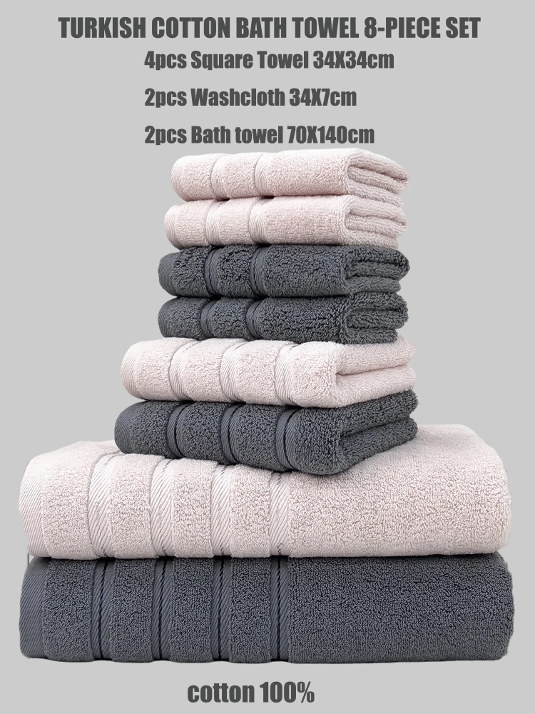 8 Piece Towel Set Turkish Cotton Bathroom Super Absorbent 4 Square Towel 2 Face 2 Bath Set Hotel Beauty Salon Sauna