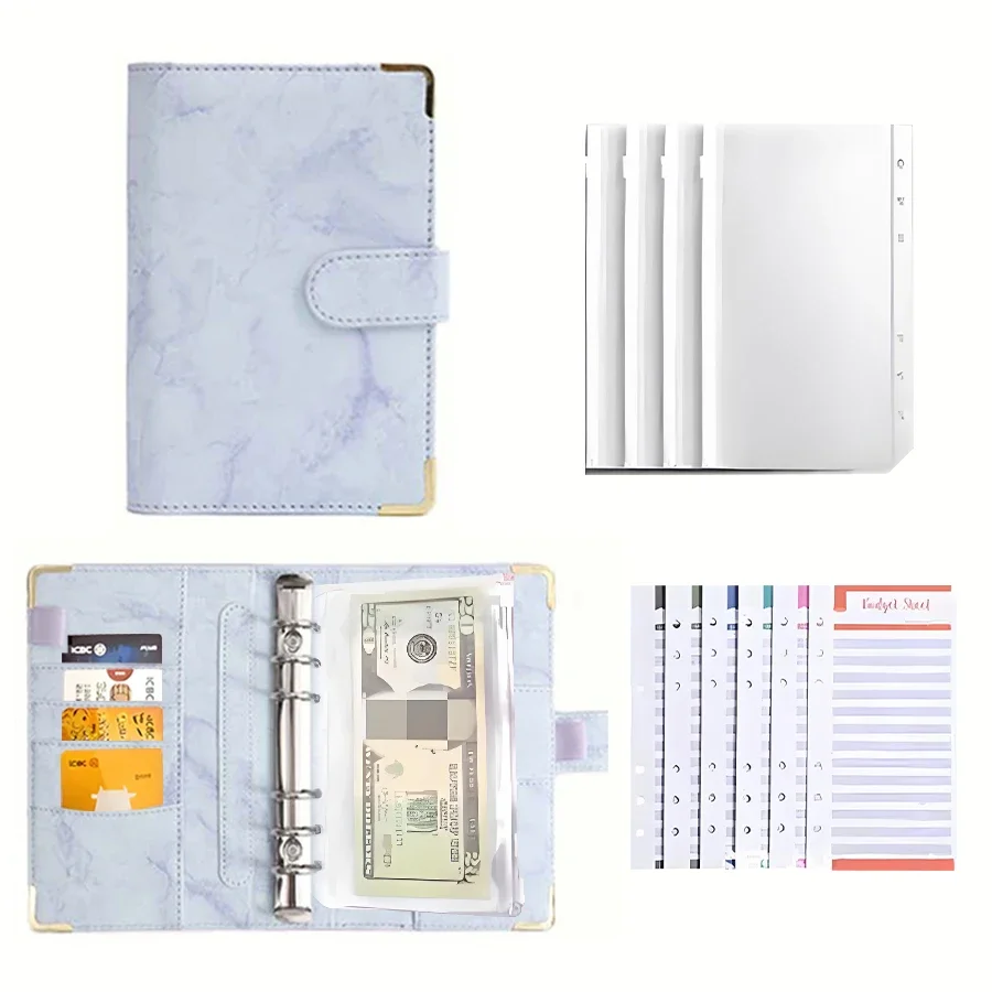 Sleek A6 PU Leather Marble Texture Binder with Zipper – Trendy Multi-Pocket Storage Bag to Keep Your Bills and Receipts Neat! 2