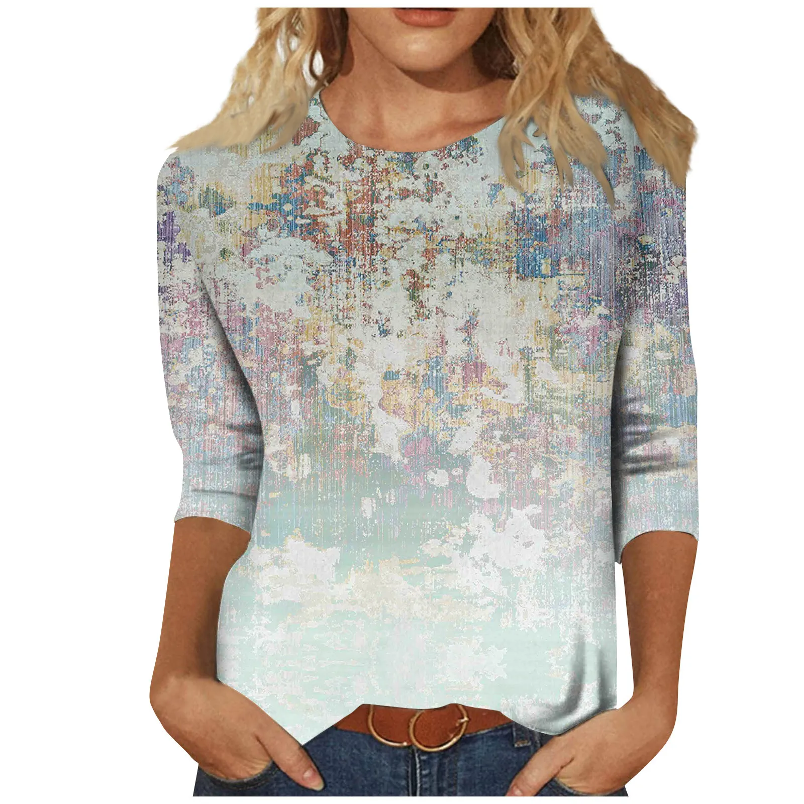 

3/4 Sleeve Shirts For Women Cute Print Graphic Tees Blouses Casual Plus Size Womens Clothing Basic Tops Pullover Womens Tops