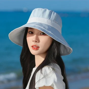 Cappello da pescatore estivo in seta di ghiaccio corea Color Blocking UV cappello con protezione solare a tesa larga Outdoor Beach Vacation Women 56-58cm 1