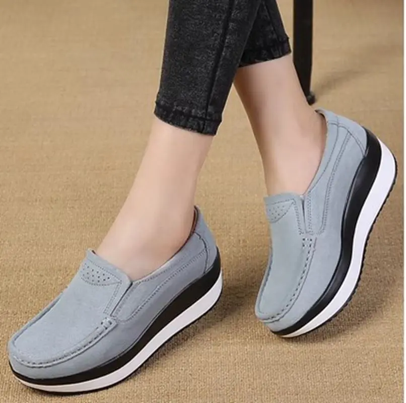 Women Flat Platform Loafers Ladies Elegant Suede Leather Moccasins Shoes Woman Slip On Moccasin Women's Blue Casual Shoes