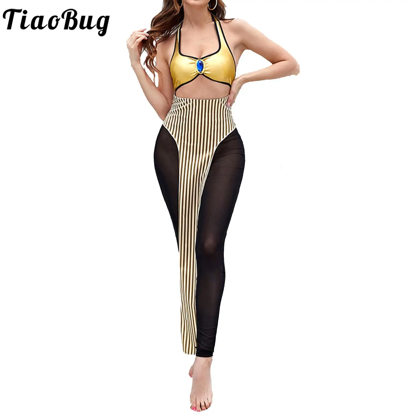 

Ancient Egypt Womens Jumpsuits Roma Cosplay Costumes Rhinestone Halter Hollow Out Mesh Pants Striped Skirt Rompers with Headband