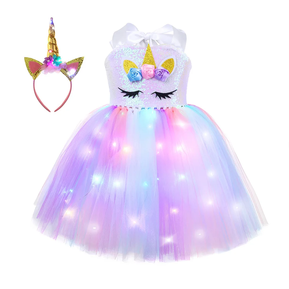 

LED Glowing Light Unicorn Tutu Dresses Kids Unicorn Birthday Party Girls Dancing Miniskirt Costume Cosplay Decor Princess Dress
