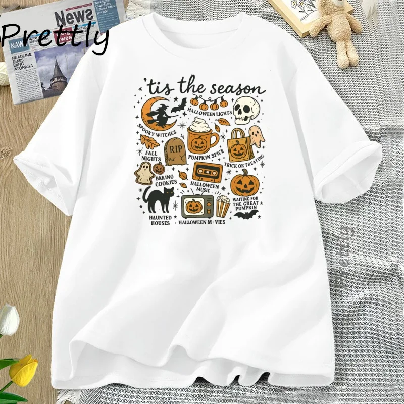 Vintage Halloween T-Shirt Tis' The Season T-Shirts Retro Ästhetische Kleidung Kürbis Hexe Grafik T-Shirt Damen Kleidung Kurzarm