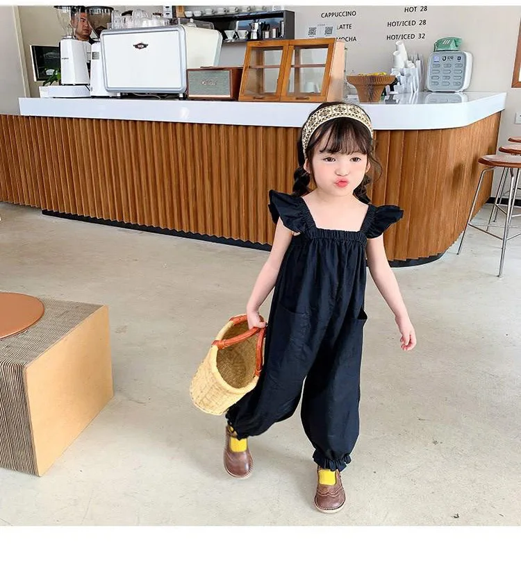 Girls little fly sleeve children overalls pants kids outfits backpack pants summer Children's dress falfashion outside wear jumpsuit spring