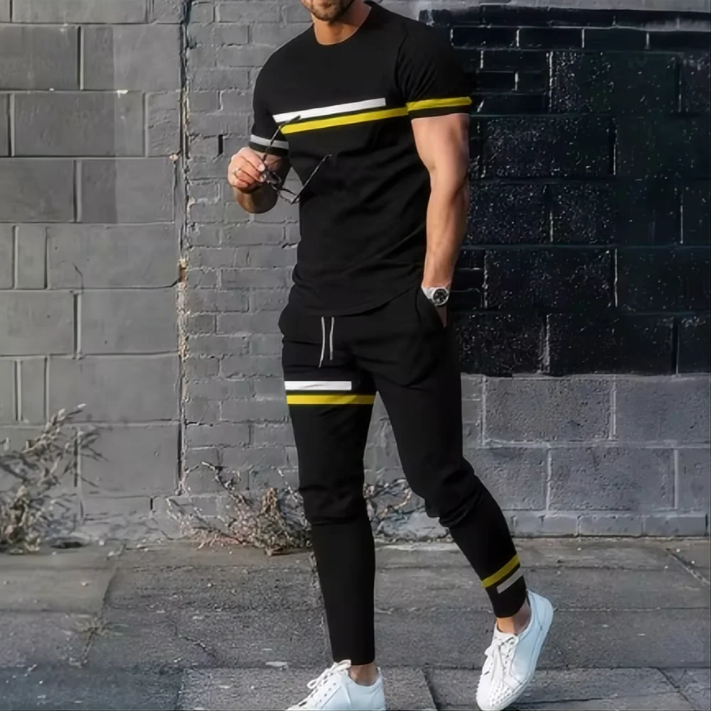 Summer fashion new striped simplest bee pattern 3D printed fashion short sleeved T-shirt long pants men's set 3